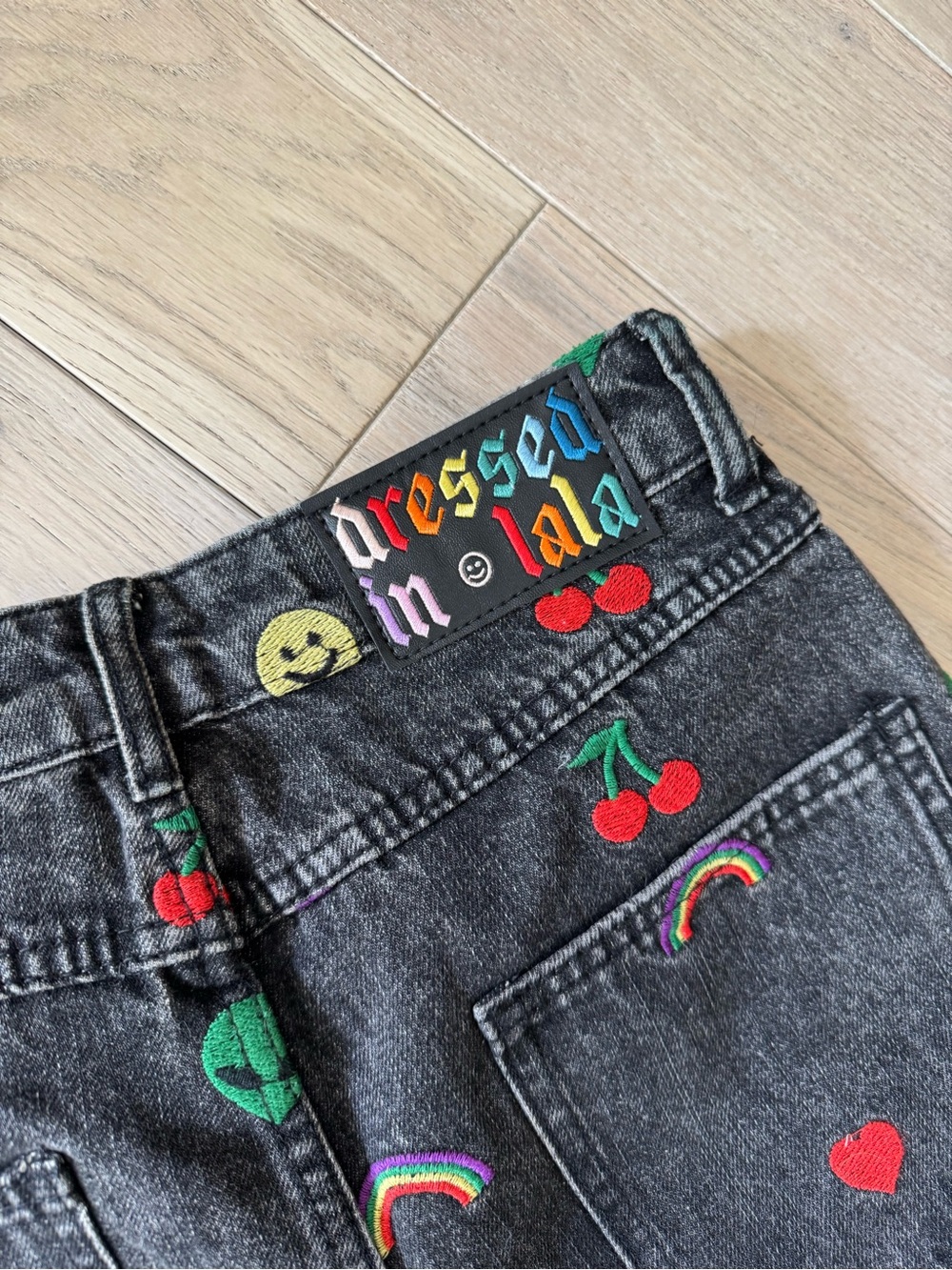 Dressed in LALA Black Wide Leg Jeans with Red, Green, Yellow Embroidery - Picture 3 of 10